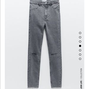 ZARA SUPER ELASTIC RIPPED HIGH RISE GRAY JEANS.